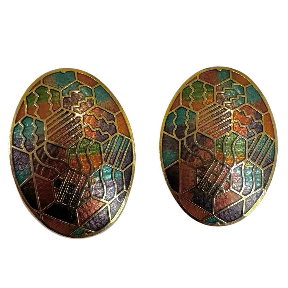 Vintage Multicolor Cloisonné Oval Earrings